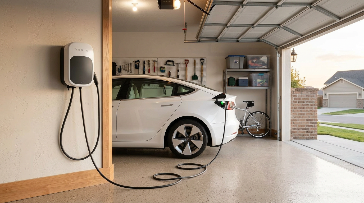 Tesla Wall Connector EV charger professionally installed on a Boise home garage wall